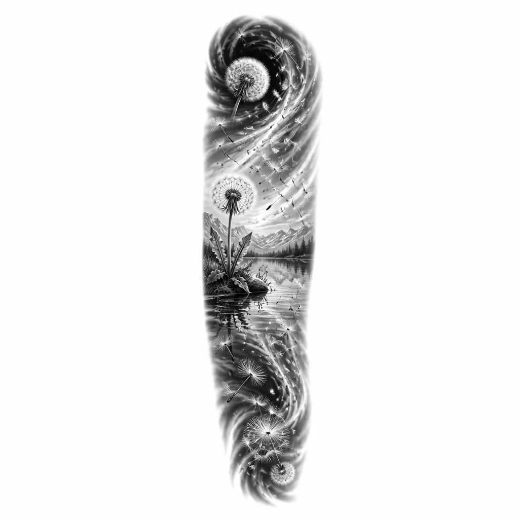 Тату эскиз: A dandelion plant standing at the edge of a lake, with swirling wind vortex carrying its seeds across the water surface, lake reflection visible below, black and white ink monochrome, detailed botanical with abstract wind patterns, flowing dynamic composition, tattoo flash sheet illustration, white background, high contrast, clean lines