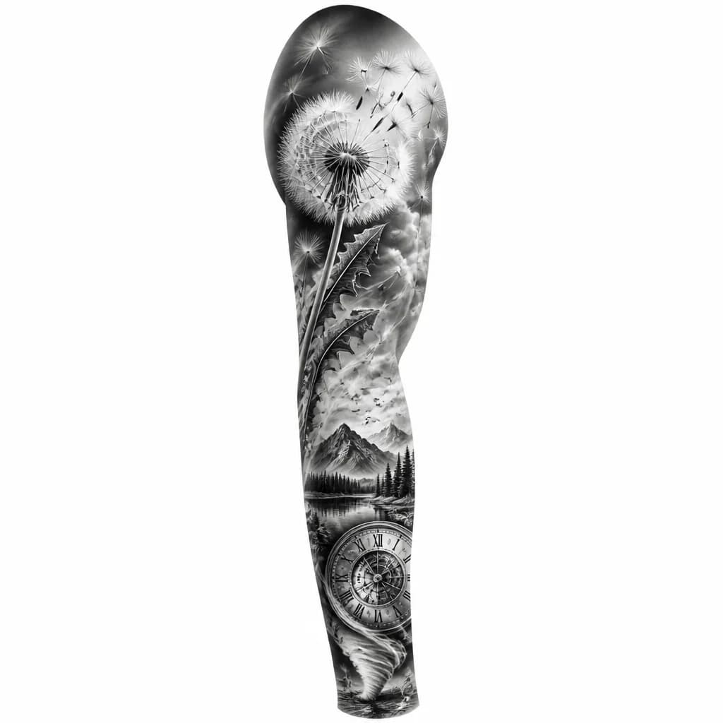 Тату эскиз: A dandelion in the exact moment of seed dispersal, with seeds floating away in different directions, creating a sense of letting go and transformation, black and white ink drawing, high detail botanical style, ethereal and delicate, tattoo flash sheet illustration, white background, high contrast, clean lines