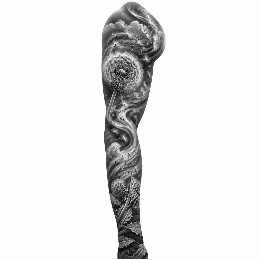 Тату эскиз: Full arm sleeve tattoo design with dandelion seeds dispersing and floating in the wind, transitioning into abstract flowing air currents and swirling patterns. Black and white monochrome style, densely detailed botanical illustration with delicate floating seeds and wind lines creating dynamic movement, intricate linework, tattoo flash sheet illustration, white background, high contrast, clean lines