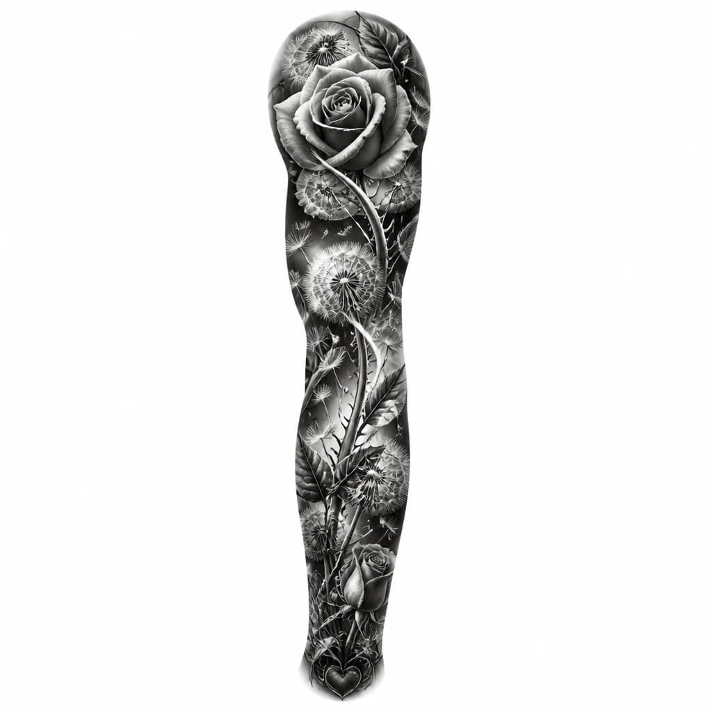 Тату эскиз: Full sleeve tattoo design merging a rose and dandelion into one unified composition, where rose petals transform into dandelion stems and seeds, creating a balanced symmetrical mandala-like pattern. Black and white monochrome ink, densely packed botanical illustration with intricate linework, ornate details, gothic and elegant style, tattoo flash sheet illustration, white background, high contrast, clean lines