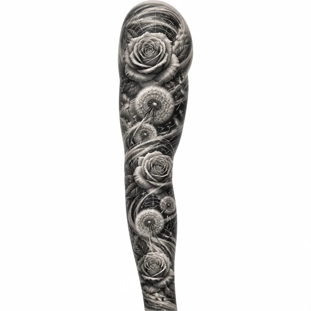 Тату эскиз: Abstract botanical sleeve tattoo design with alternating roses and dandelions integrated with geometric wind patterns, flowing curved lines representing air currents moving upward, black and white monochrome ink, high contrast details, ornamental line work, densely packed from wrist to shoulder, mix of realistic flowers with stylized wind elements, clean precise linework, tattoo flash sheet illustration, white background, high contrast, clean lines