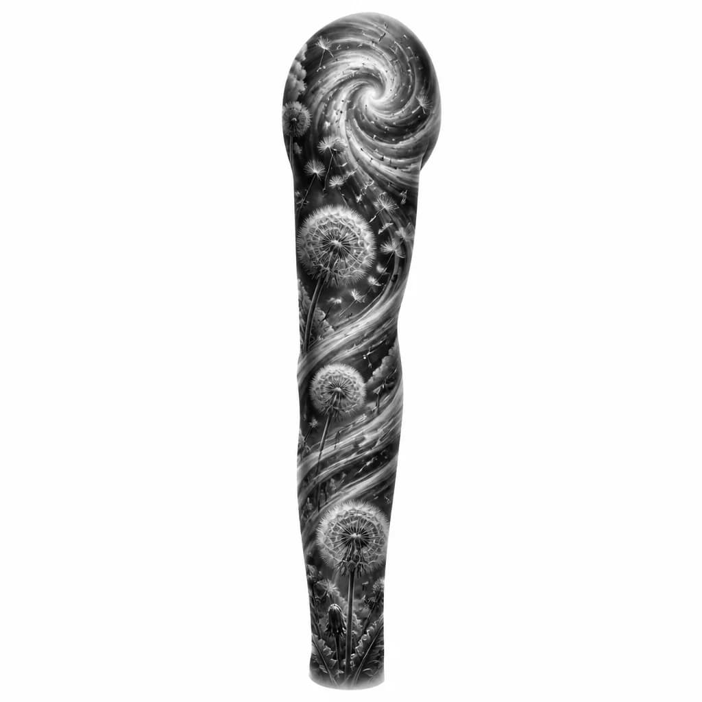 Тату эскиз: Spiral tattoo sleeve design with dandelions and seeds swirling in a vortex pattern wrapping around the arm. Black and white monochrome style, dynamic wind currents creating circular motion, detailed botanical elements integrated into flowing spiral lines. Tattoo flash sheet illustration, white background, high contrast, clean lines