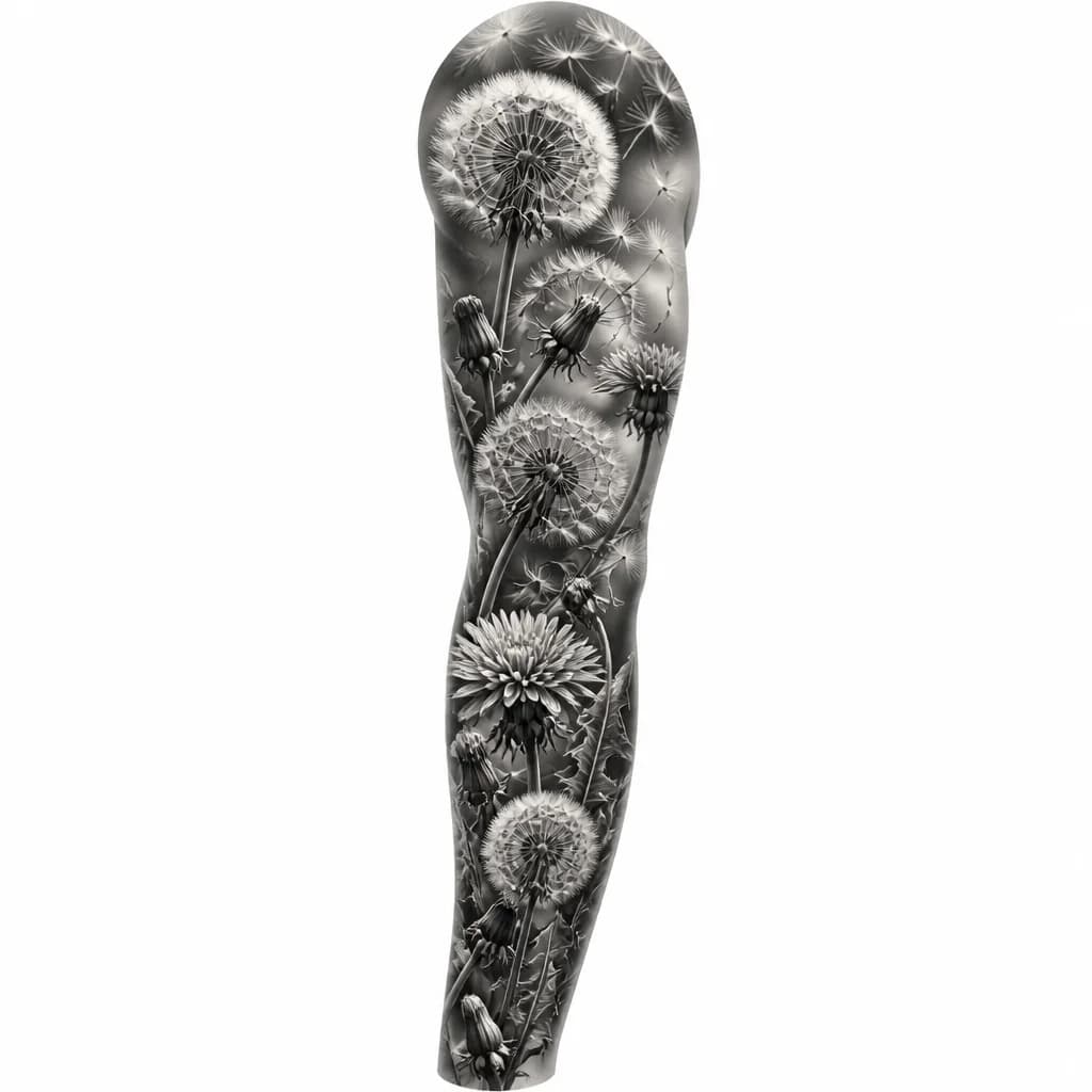 Тату эскиз: Dense full sleeve tattoo featuring a garden of dandelions in various stages of bloom, tightly packed together with seeds and petals dispersing in wind currents. Black and white line work, detailed botanical illustration style, densely filled composition with flowing air movement throughout. Monochrome ink, high contrast detail, professional tattoo design, tattoo flash sheet illustration, white background, high contrast, clean lines