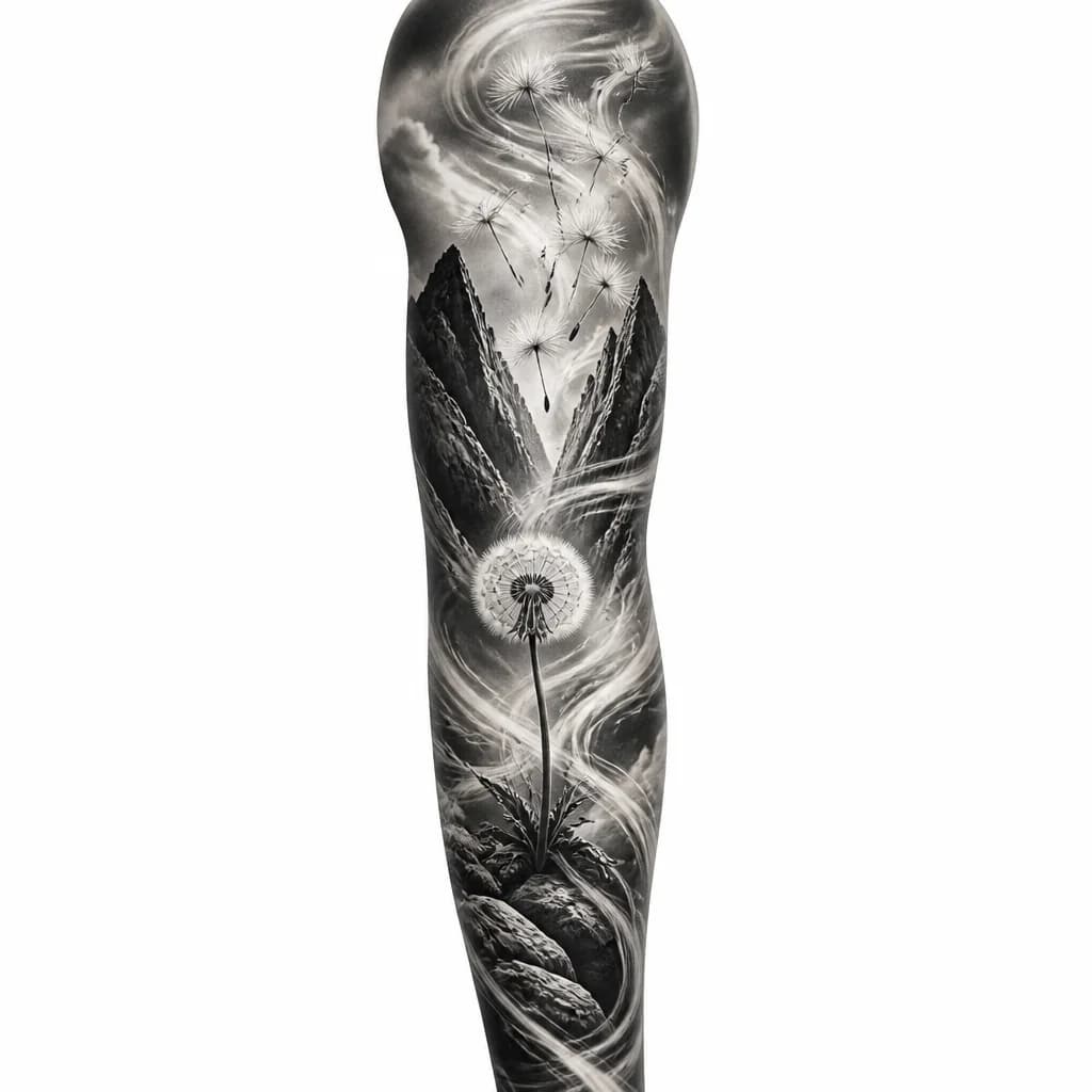 Тату эскиз: Single dandelion positioned between two mountain peaks in black and white monochrome ink, seeds dispersing upward caught in powerful wind streams, mountains rendered with bold geometric lines, contrast between delicate flower and strong mountain forms, flowing wind currents surrounding the composition, minimalist and symbolic, tattoo flash sheet illustration, white background, high contrast, clean lines