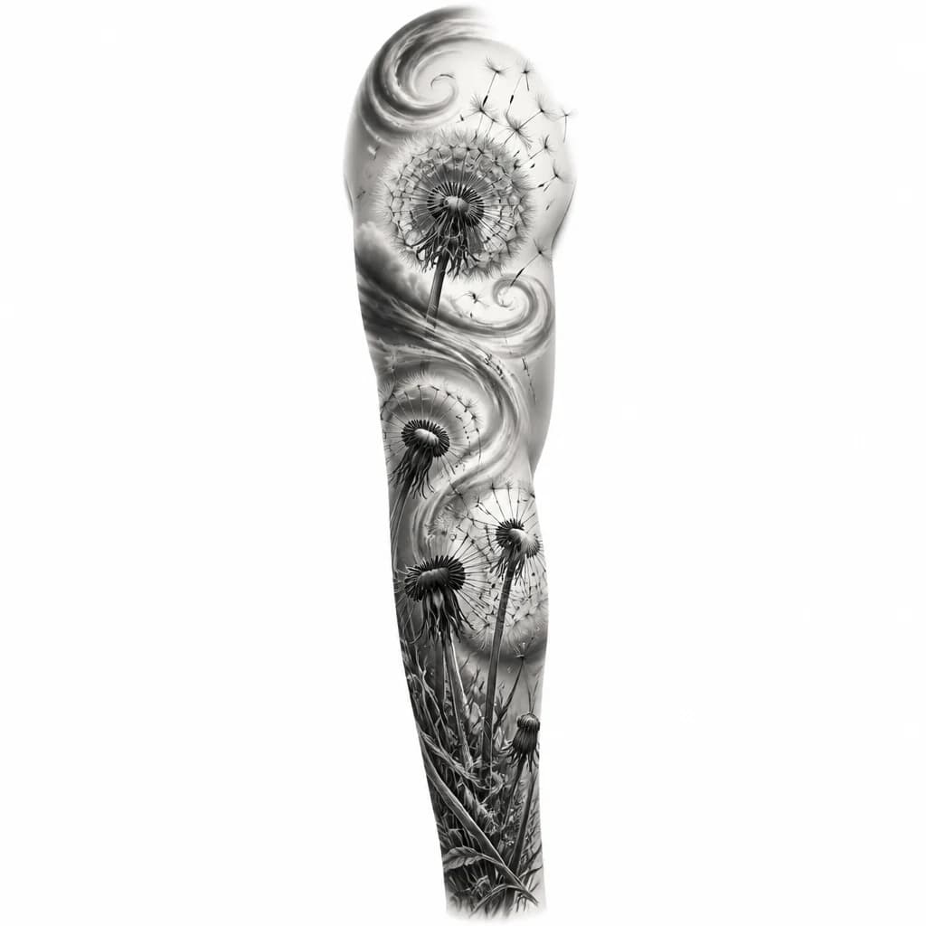 Тату эскиз: Field of several dandelions with seeds being carried away by swirling wind currents, black and white ink, monochrome style, flowing curved wind lines, multiple dandelion heads at various stages of dispersal, minimalist botanical illustration, serene atmosphere, tattoo flash sheet illustration, white background, high contrast, clean lines