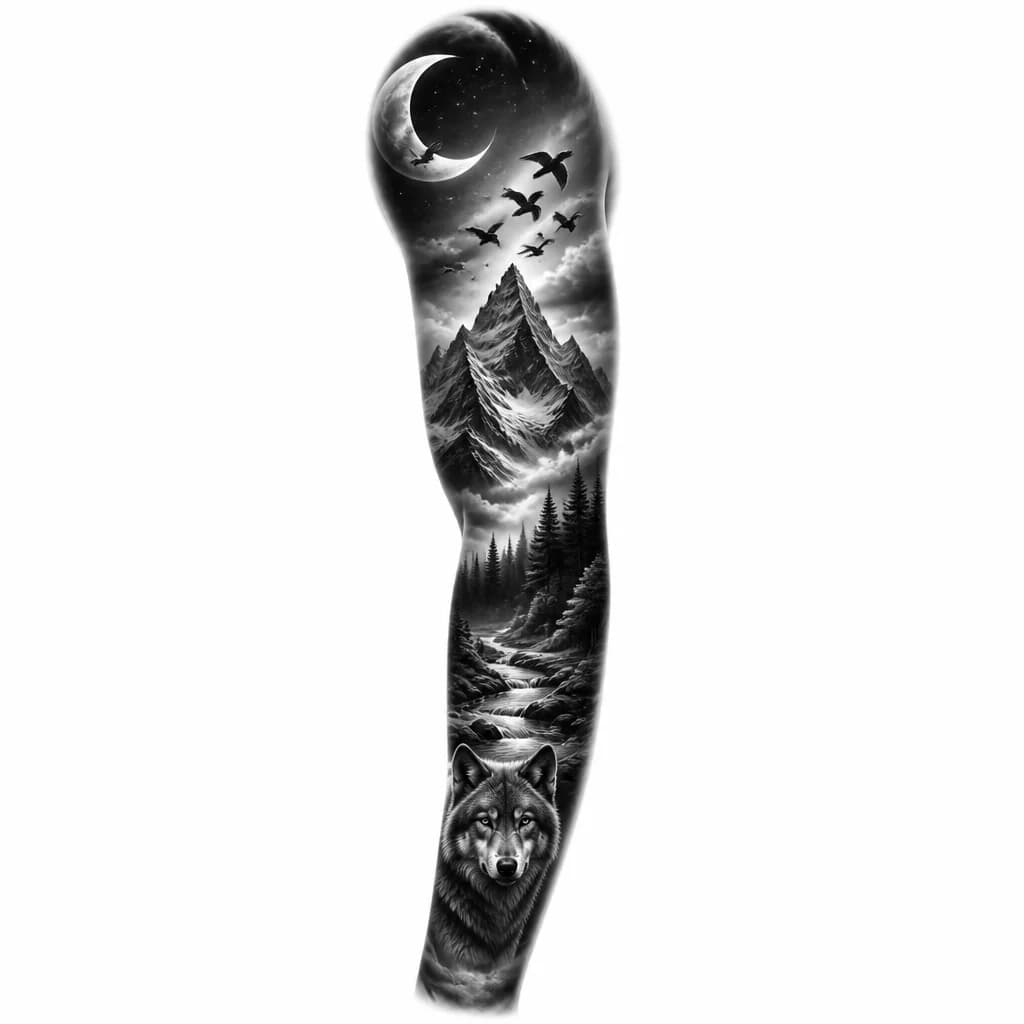 Тату эскиз: A majestic mountain peak silhouette with a crescent moon above it and several birds flying away into the starry night sky, geometric minimalist style, black and white, monochrome ink, tattoo flash sheet illustration, white background, high contrast, clean lines