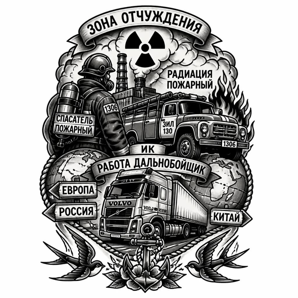 Тату эскиз: Зона отчуждения радиация пожарный спасатель пожарная машина ЗИЛ 130 номер 1306 ИК
Работа дальнобойщик машина Вольво объездил всю Европу Россию Китай
