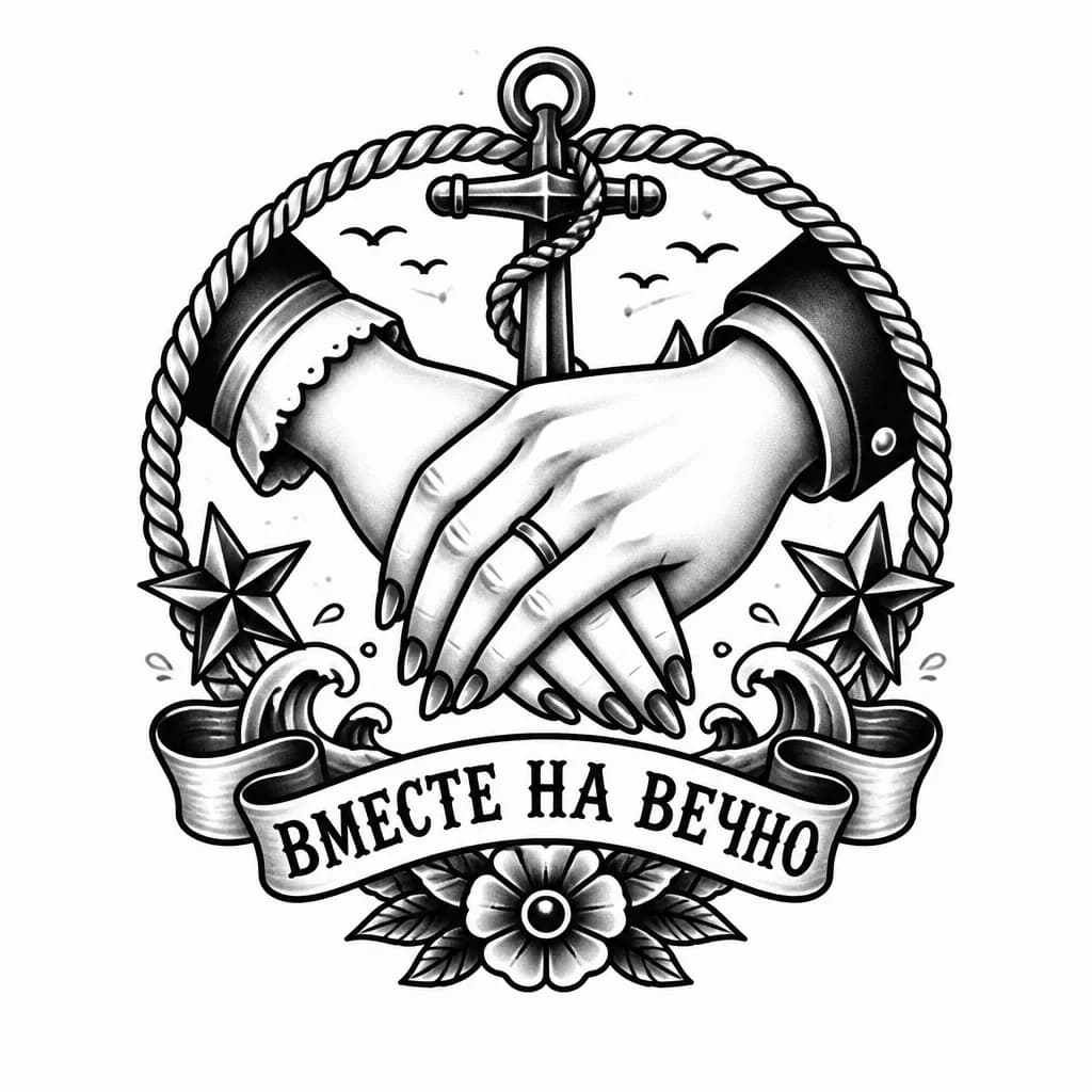 Тату эскиз: 2 руки держащие друг друга, на обеих руках обручальные кольца, на одной из рук маникюр, снизу надпись вместе навечно