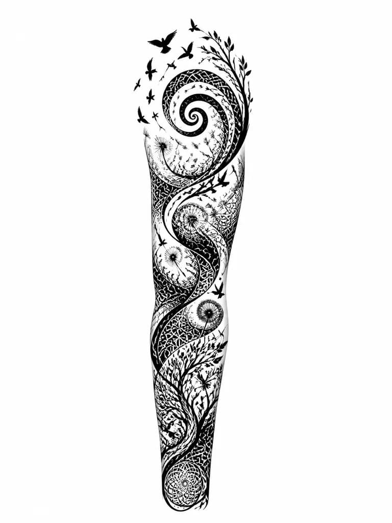 Тату эскиз: A black and white spiral design incorporating dandelion seeds, flying birds, and delicate branches in a continuous upward flow, monochrome ink, intricate geometric and organic patterns blended together, symbolic transformation imagery, tattoo flash sheet illustration, white background, high contrast, clean lines