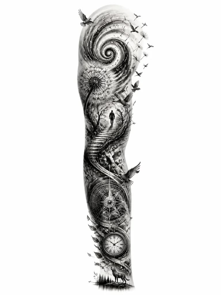 Тату эскиз: A black and white spiral design incorporating dandelion seeds, flying birds, and delicate branches in a continuous upward flow, monochrome ink, intricate geometric and organic patterns blended together, symbolic transformation imagery, tattoo flash sheet illustration, white background, high contrast, clean lines