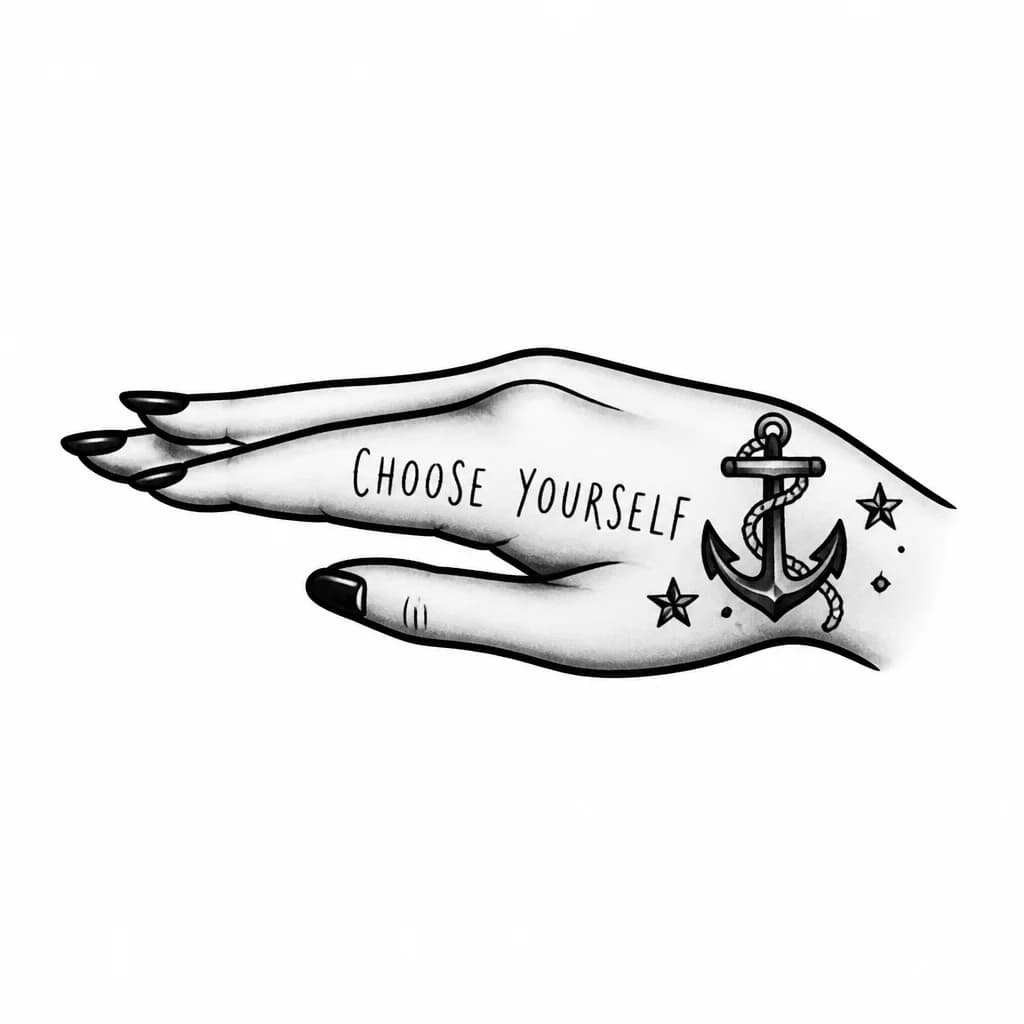 Тату эскиз: Создай эскиз на боковой стороне ладони со словами "CHOOSE YOURSELF". Женская ладонь, только текст, косолапа шрифт, тонкий
