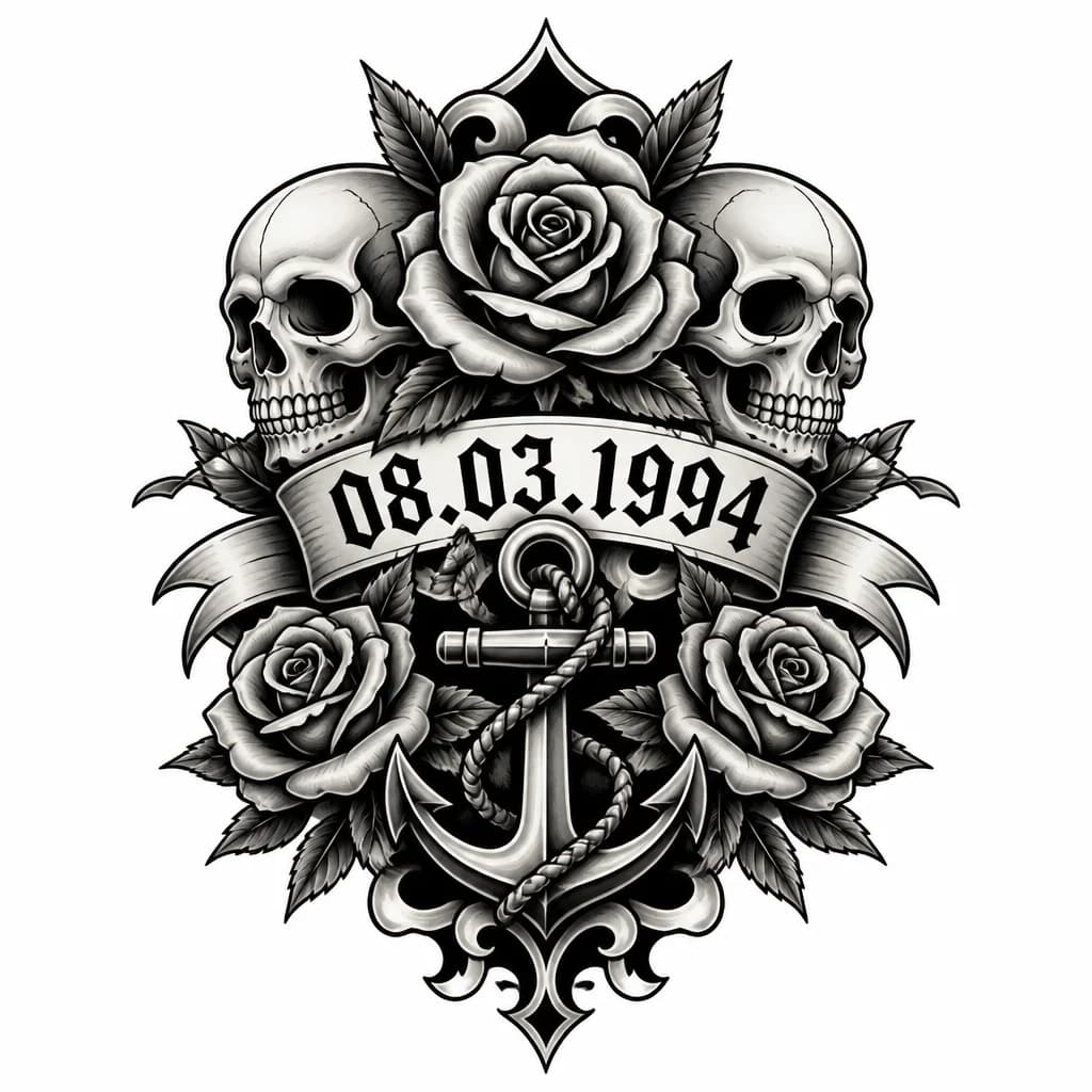 Тату эскиз: Сделай тату с датой рождения 08.03.1994 на спине
Тату должна быть в стиле чикано ,добавь туда цветы и черепа