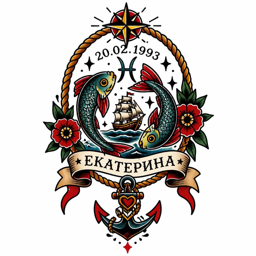 Тату эскиз: Разработай индивидуальный эскиз тату по дате рождения - 20.02.1993 , для знака зодиака Рыбы, для имени Екатерина, используя знаки, символы и значения этого человека В стиле контура используя цвет