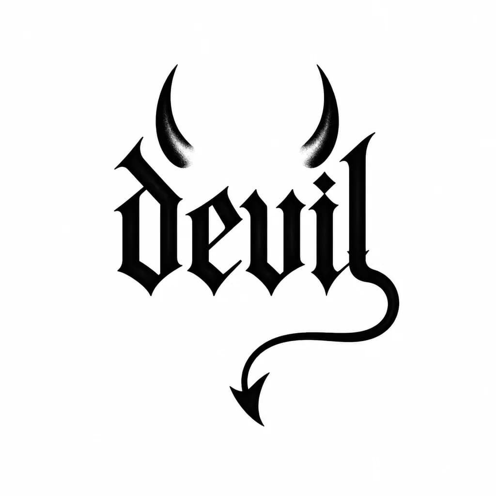 Тату эскиз: Tattoo flash sketch, word “devil” in blackletter font, minimal horns above, thin curving tail from the letter “l”, bold black outline, soft shading, white background, clean lineart