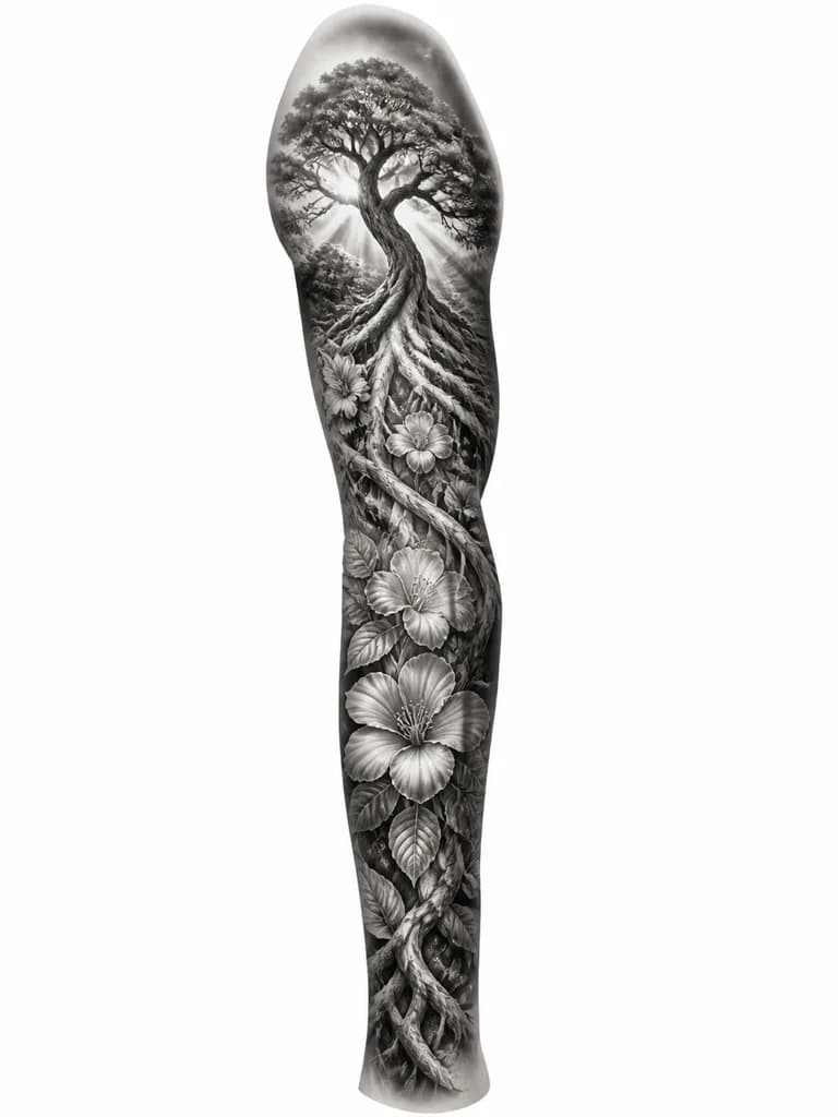 Тату эскиз: Black and white monochrome botanical tattoo design featuring intertwined tree roots emerging from ground transforming into blooming flowers, intricate line work showing connection and growth, family tree concept, natural flowing organic shapes, detailed root system with delicate petals, tattoo flash sheet illustration, white background, high contrast, clean lines
