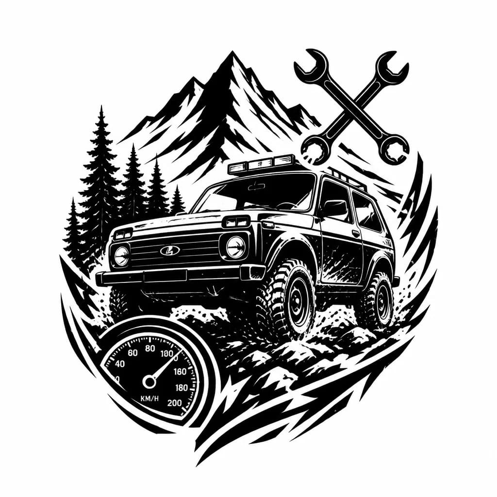 Тату эскиз: Эскиз оригинальный Нива off-road в правом верхнем углу перегрещенные гаечные ключи , в левом углу внизу сбедометр
