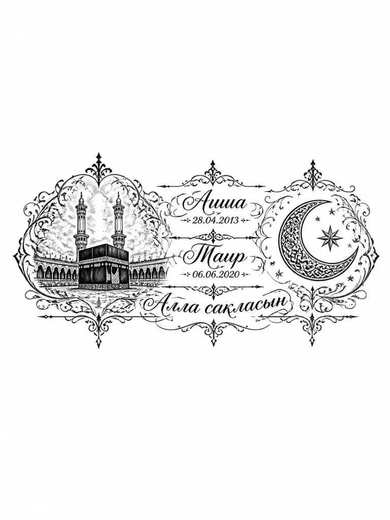 Тату эскиз: Ты профессиональный тату-мастер. Нарисуй классный эскиз татуировки, на которой будут даты рождения и имена детей. Текст должен быть написан по русски, но в арабском стиле, с завитушками.
Татуировка будет располагаться на внутренней стороне предплечья от запястья до локтя. Сверху должен быть изображён полумесяц. Потом Имена с датами. Имена и даты должны быть написаны по русски но в восточном стиле. Снижу изображена мекка. Мекка должна быть изображена ближе к локтю, а месяц возле запястья.