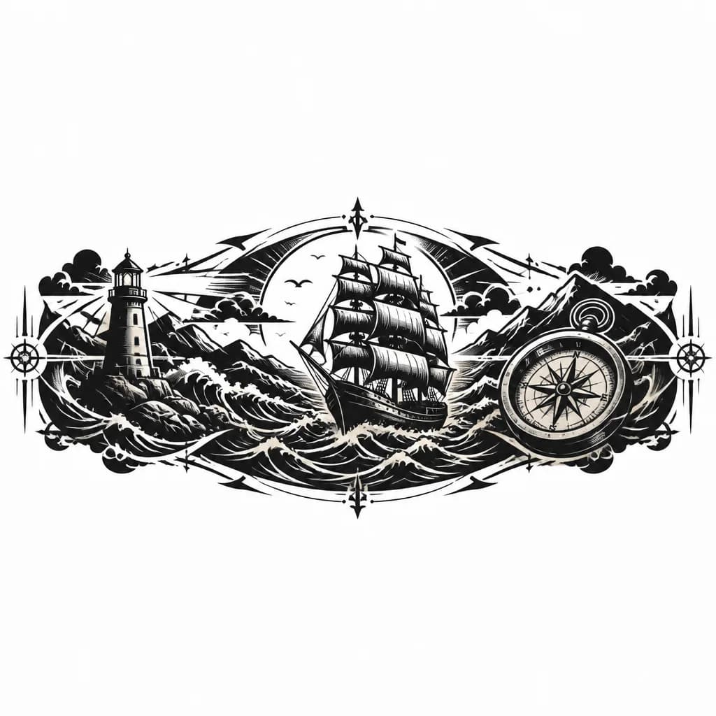 Тату эскиз: Морская тематика. Хочу чтобы был корабль,маяк,компас и что-нибудь еще Надо чтобы она была на все предплечье