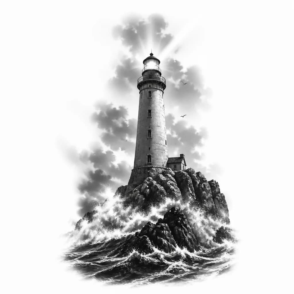 Тату эскиз: A tall lighthouse standing on rocky cliffs surrounded by dramatic crashing ocean waves, beam of light shining upward, black and white monochrome ink style, detailed waves, high contrast, clean linework, minimalist yet powerful composition, tattoo flash sheet illustration, white background, high contrast, clean lines