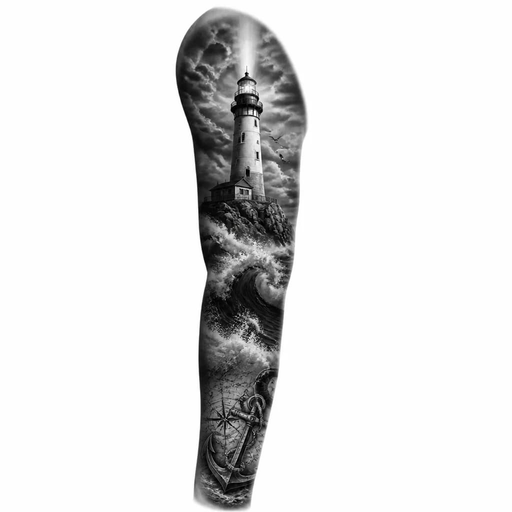Тату эскиз: A tall lighthouse standing on rocky cliffs surrounded by dramatic crashing ocean waves, beam of light shining upward, black and white monochrome ink style, detailed waves, high contrast, clean linework, minimalist yet powerful composition, tattoo flash sheet illustration, white background, high contrast, clean lines