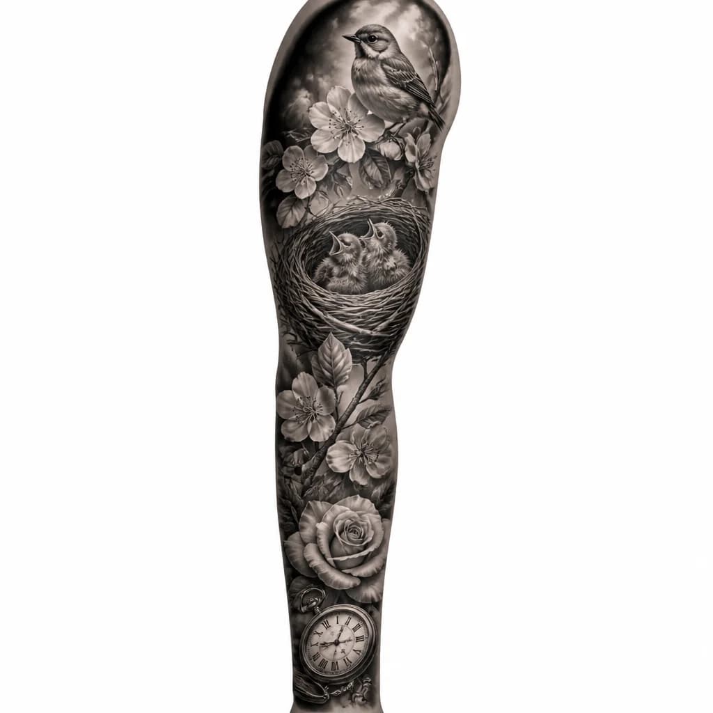 Тату эскиз: A bird's nest intricately woven from grass and twigs containing baby birds, surrounded by blooming flowers and botanical elements, natural and organic composition, detailed line work, black and white monochrome ink style, peaceful and nurturing scene, tattoo flash sheet illustration, white background, high contrast, clean lines