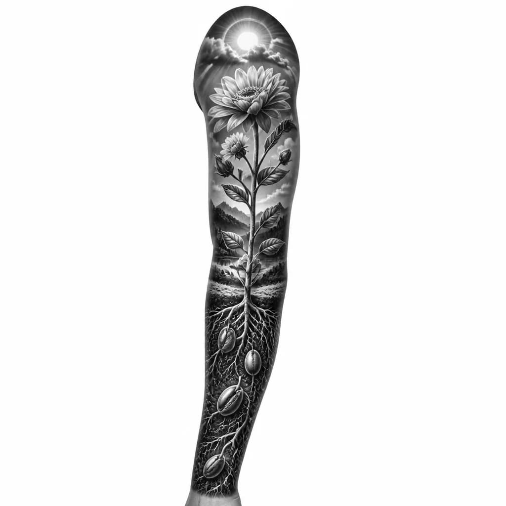 Тату эскиз: A seed sprouting into a blooming flower with detailed roots and stems, growth progression shown from left to right, botanical illustration style, black and white line art, minimalist yet elegant design with fine details, natural organic shapes, tattoo flash sheet illustration, white background, high contrast, clean lines