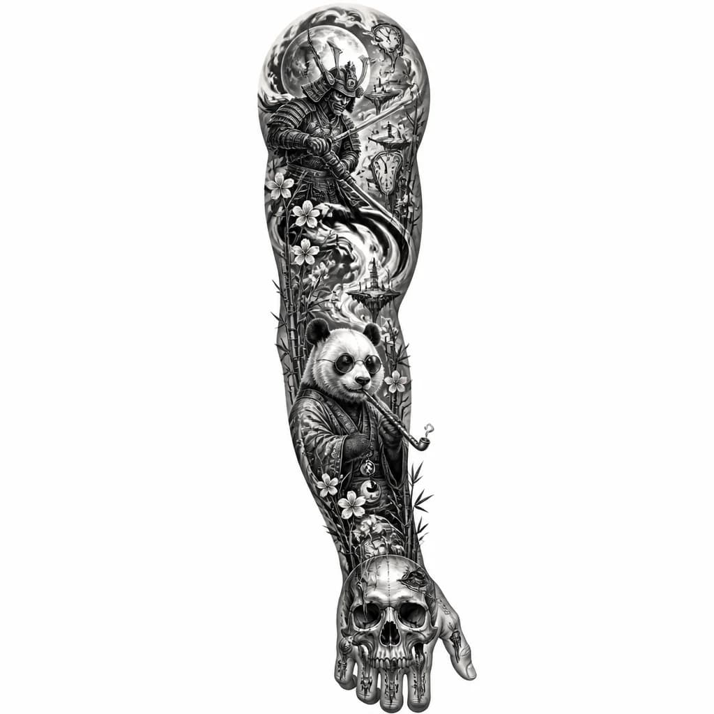 Тату эскиз: стиль)Full tattoo sleeve design for left arm, dynamic composition, Irezumi and dark graphic style. On the shoulder: a fierce Japanese samurai in detailed armor with a katana. On the inner forearm: a stylized cool panda smoking a traditional long tobacco pipe, with smoke swirling up. On the back of the hand: an anatomical grim skull integrated with the wrist. Background fills the gaps with black smoke wind bars, green bamboo stalks, and floating pink sakura blossoms. Black and grey ink with subt