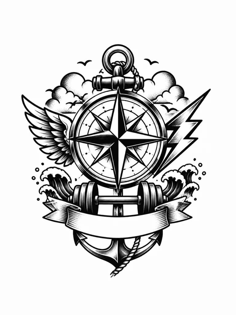 Тату эскиз: Old school traditional tattoo design, vertical composition for forearm. Bold black outlines, classic American traditional style. Theme: compass with sports elements. Elements: detailed compass rose in center, cardinal points replaced with something sporty (north), dumbbell (south), lightning bolt (east), wings (west), banner ribbon below, vibrant red blue yellow colors, clean white background, tattoo flash sheet style, symmetrical, meaningful and beautiful, suitable for first tattoo.
