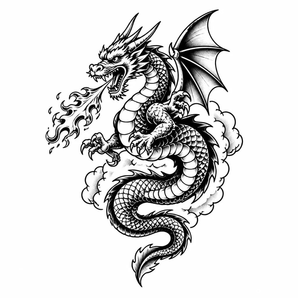 Тату эскиз: A dynamic dragon in classic American comic book style, with bold ink lines, exaggerated muscles and fierce expression, breathing fire with motion lines, black and white monochrome ink, tattoo flash sheet illustration, white background, high contrast, clean lines