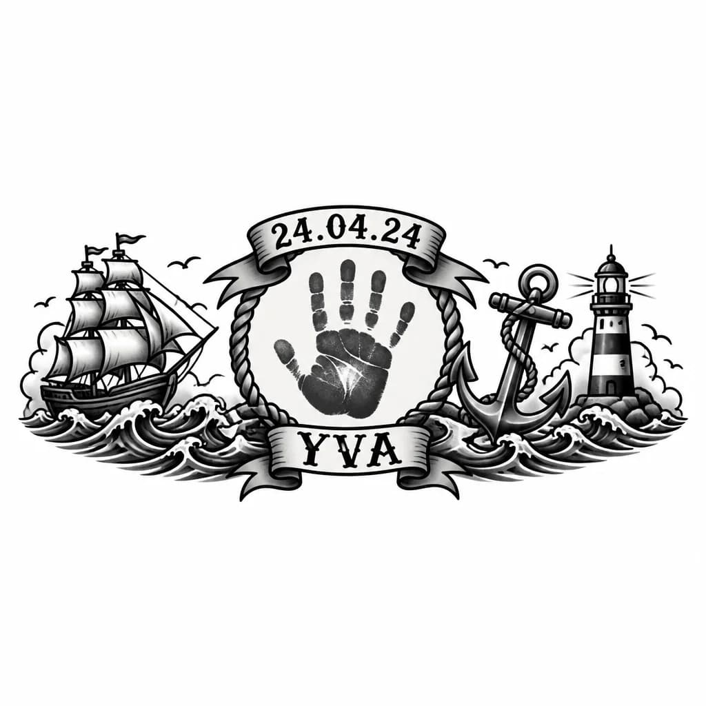 Тату эскиз: Детская ладонь, отпечаток
Расположить надпись 24.04.24
Разместить инициалы YVA как некий шифр