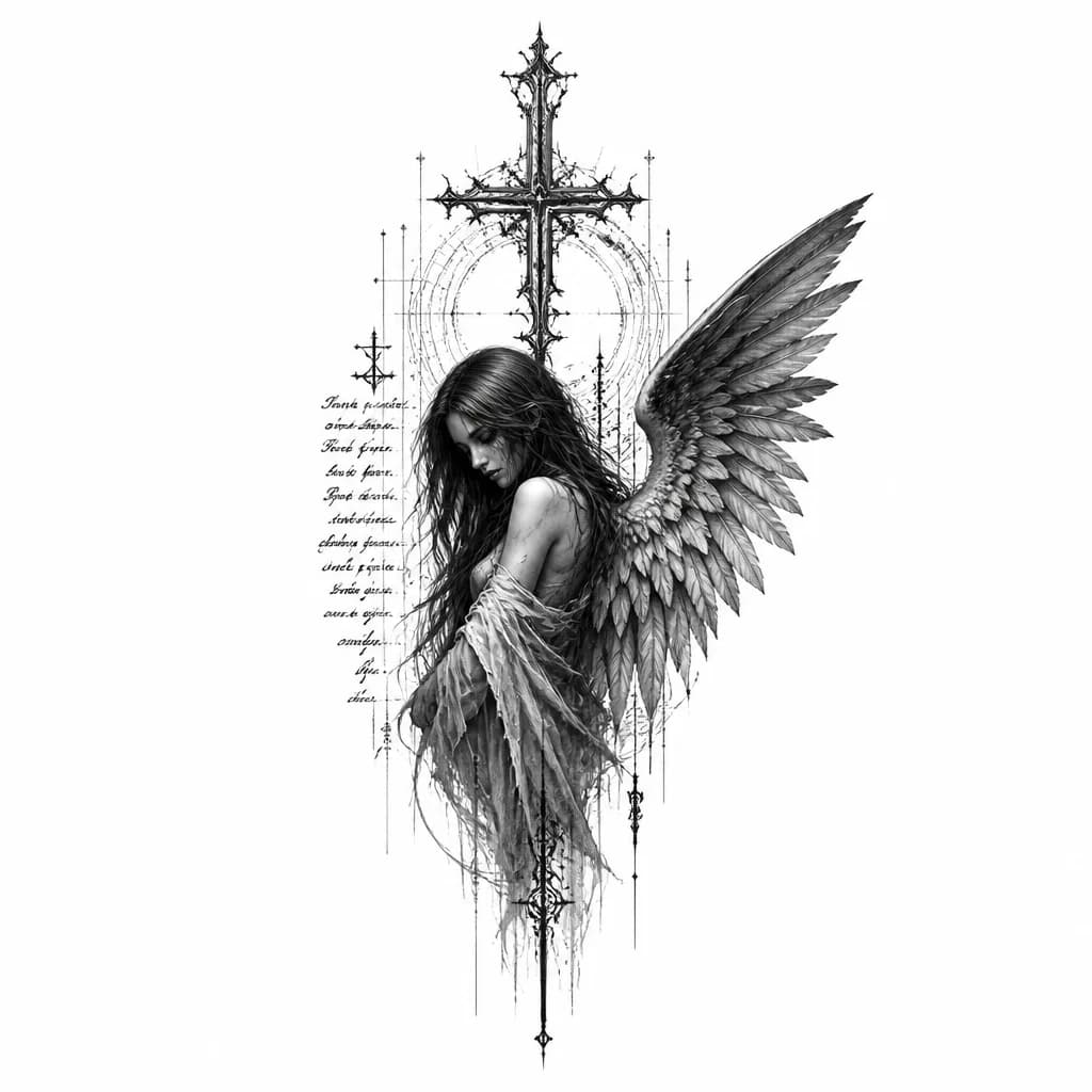 Тату эскиз: Основной стиль: Dark Gothic (темная готика), Cyber Sigilism (киберсигилизм), абстрактный орнаментальный стиль.Главный элемент: В центре композиции изображена хрупкая девушка-ангел с длинными темными волосами. У нее одно большое, детально прорисованное крыло с перьями, расправленное в правую сторону. Ее глаза опущены, поза выражает меланхолию.Религиозные символы: Прямо над головой ангела расположен детализированный готический узорчатый крест. Слева от фигуры видны мелкие каллиграфические надписи