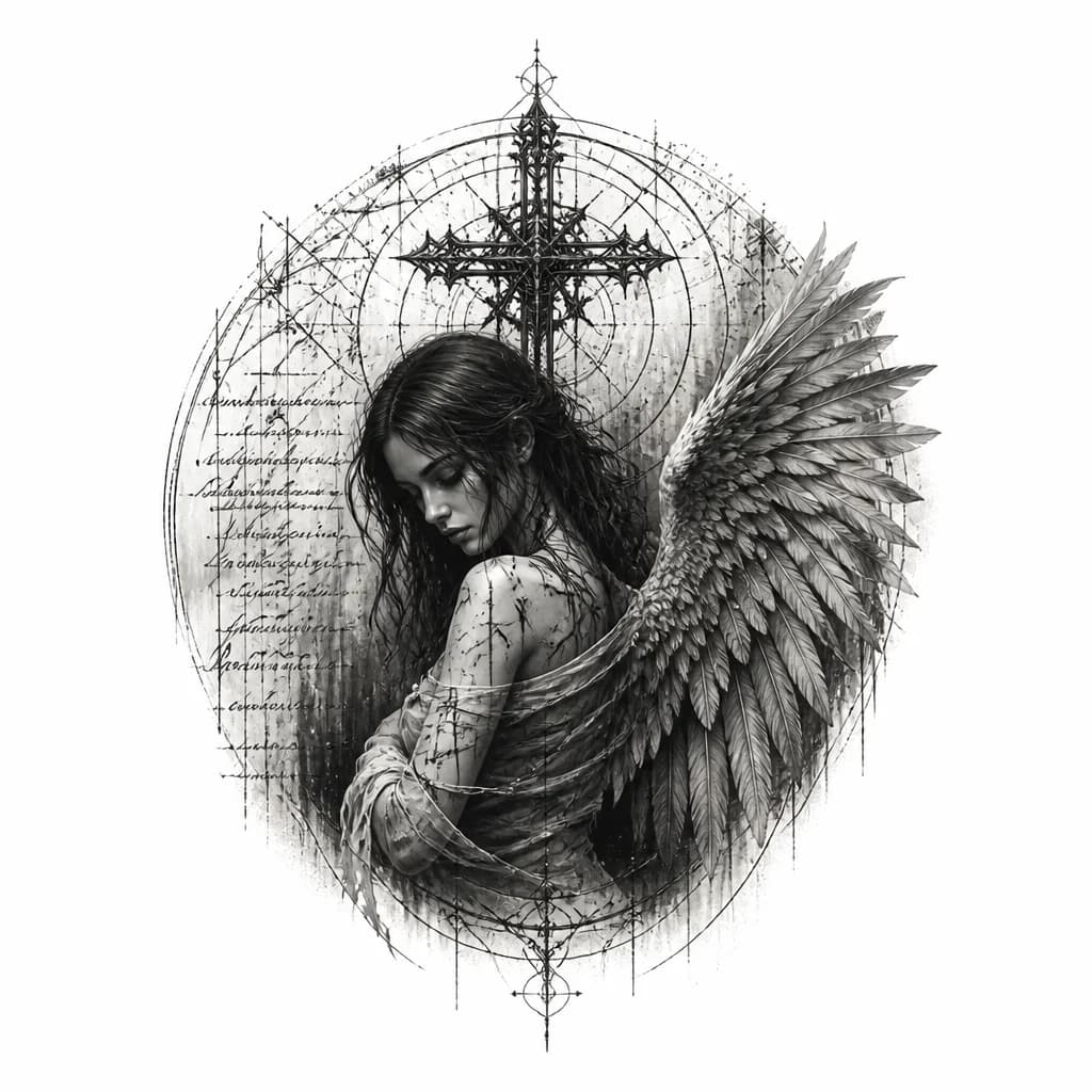 Тату эскиз: Основной стиль: Dark Gothic (темная готика), Cyber Sigilism (киберсигилизм), абстрактный орнаментальный стиль.Главный элемент: В центре композиции изображена хрупкая девушка-ангел с длинными темными волосами. У нее одно большое, детально прорисованное крыло с перьями, расправленное в правую сторону. Ее глаза опущены, поза выражает меланхолию.Религиозные символы: Прямо над головой ангела расположен детализированный готический узорчатый крест. Слева от фигуры видны мелкие каллиграфические надписи