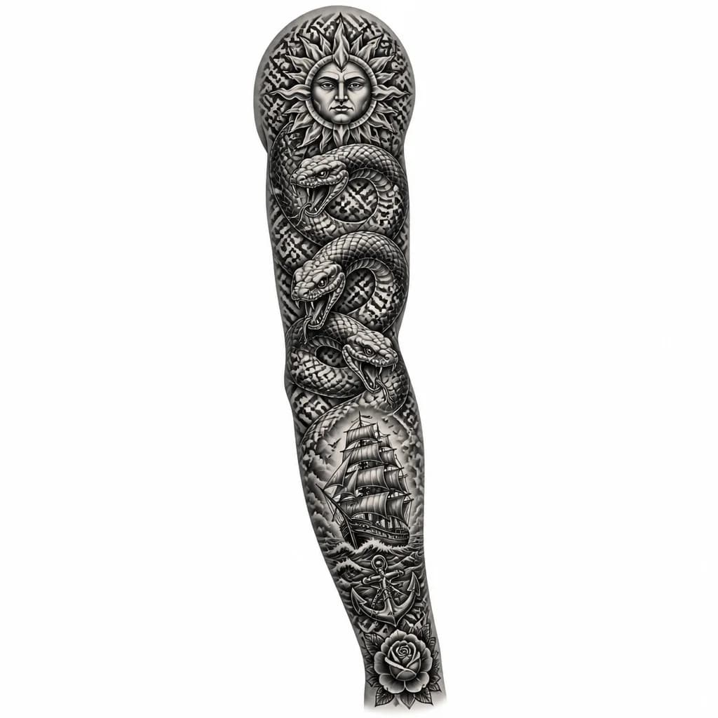 Тату эскиз: Создай концепт полного мужского тату-рукава в стиле Blackwork и Black & Grey Realism с плавным переходом от уже существующей татуировки на груди. Композиция начинается от солнечного орнамента на груди и естественно переходит на плечо через древний славянский геометрический орнамент, напоминающий вышивку. Из узоров постепенно появляются три большие реалистичные змеи, их тела переплетаются вокруг всей руки, образуя динамичную композицию без свободных пустот. Чешуя змей постепенно сливается с орнам