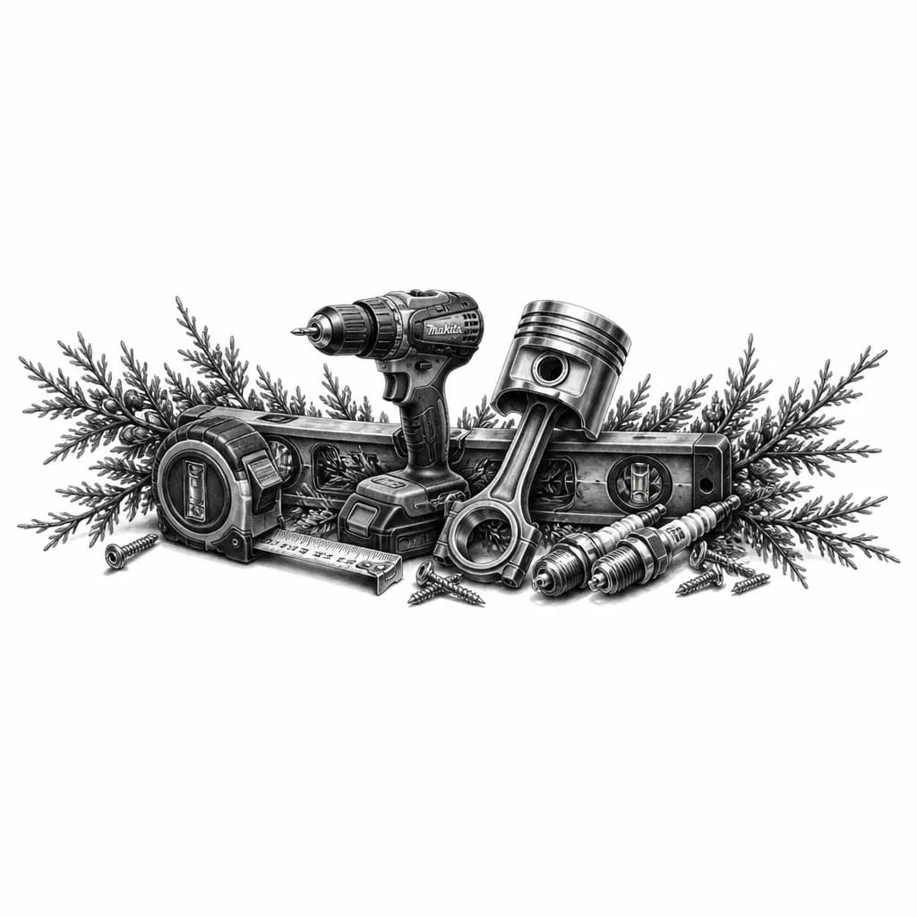 Тату эскиз: На фоне веточки можевельника, на главном фоне инструменты(Шуроповерт, рулетка, уровень, саморезы, поршень с шатуном, свечи зажигания и т.п.)