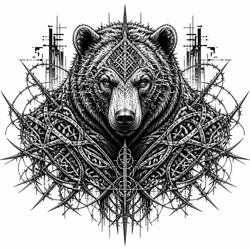 Тату эскиз: A powerful Russian bear's head and shoulders, face forward with intense eyes, body decorated with intricate Celtic knotwork and Slavic geometric patterns, ornamental details throughout the design, black and white ink, monochrome style, detailed linework, tattoo flash sheet illustration, white background, high contrast, clean lines
