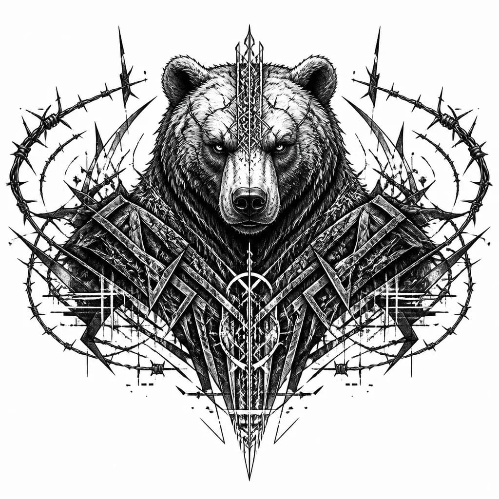Тату эскиз: A powerful Russian bear's head and shoulders, face forward with intense eyes, body decorated with intricate Celtic knotwork and Slavic geometric patterns, ornamental details throughout the design, black and white ink, monochrome style, detailed linework, tattoo flash sheet illustration, white background, high contrast, clean lines