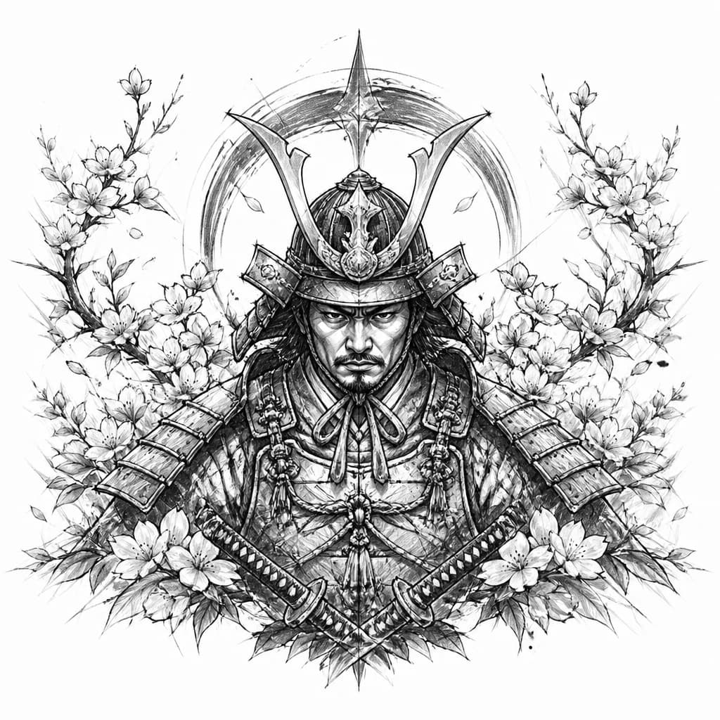 Тату эскиз: A fierce samurai warrior in full traditional armor and helmet, standing among blooming cherry blossom branches, detailed facial features with stern expression, intricate armor details, flowing fabric elements, surrounded by delicate sakura flowers and leaves, black and white monochrome ink style, tattoo flash sheet illustration, white background, high contrast, clean lines