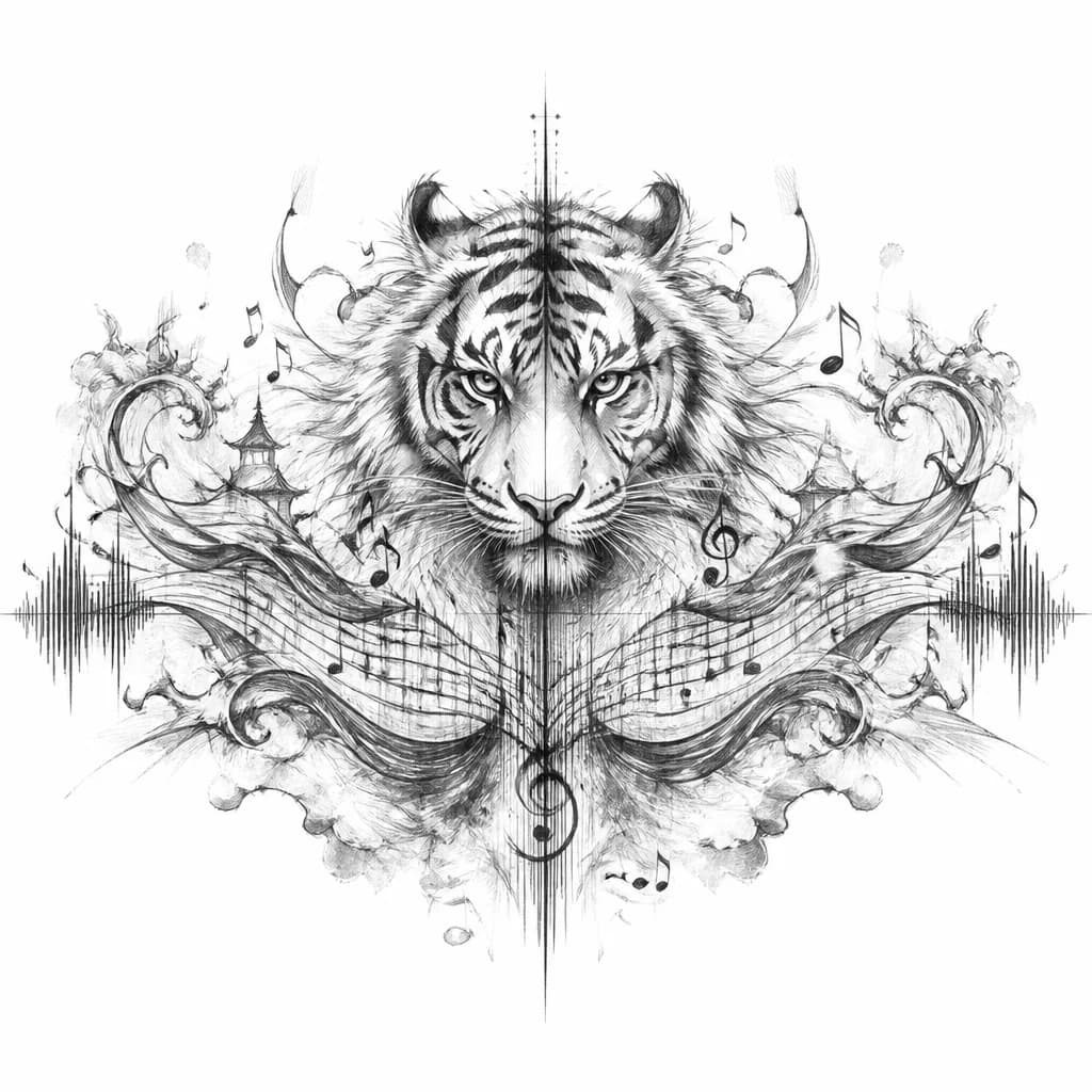 Тату эскиз: A majestic tiger head with intense expression, body composed of flowing musical waves, musical notes, and sound frequency lines creating a dynamic pattern, Asian traditional art influence, black and white monochrome ink, detailed striping and textures, rhythmic flowing composition, tattoo flash sheet illustration, white background, high contrast, clean lines