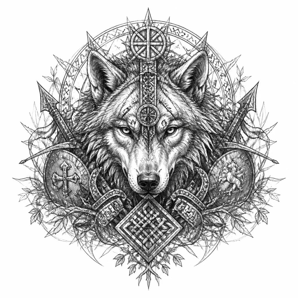 Тату эскиз: A fierce wolf's head with warrior-like qualities, adorned with ancient Slavic symbols, runes, and ornamental patterns, wearing traditional Russian battle elements, surrounded by intricate Celtic-Slavic geometric designs and plant motifs, black and white ink monochrome style, detailed linework, professional tattoo design, tattoo flash sheet illustration, white background, high contrast, clean lines