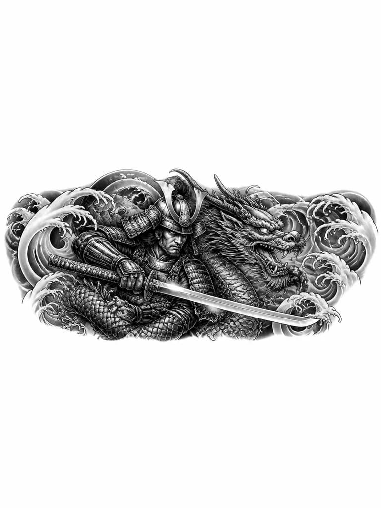 Тату эскиз: Vertical tattoo design for inner forearm, black and grey ink. A Japanese samurai warrior in detailed armor holding a sharp katana blade, with a fierce Japanese dragon wrapping around him and the sword. Traditional Irezumi waves and wind bars in the background. High contrast, clean line art, tattoo flash sheet style, solid white background.