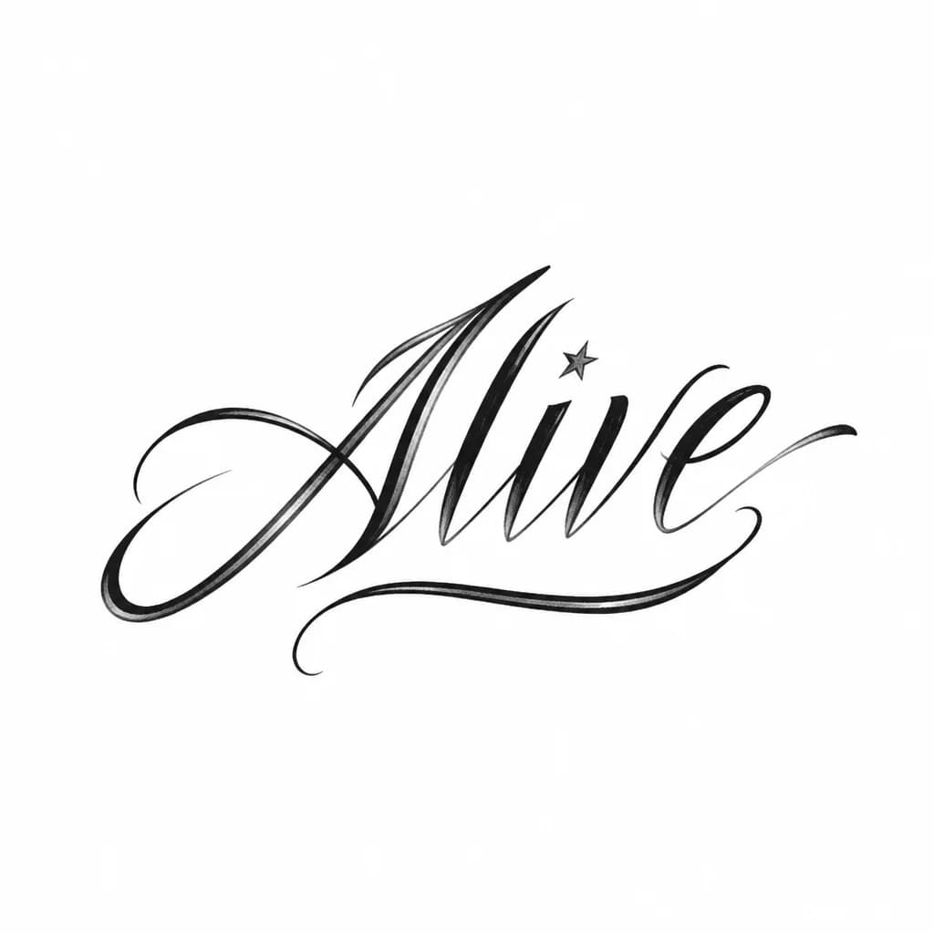 Тату эскиз: Слово alive в стиле каллиграфии и вместо точки в букве i звездочка не большой размер и наклон в право