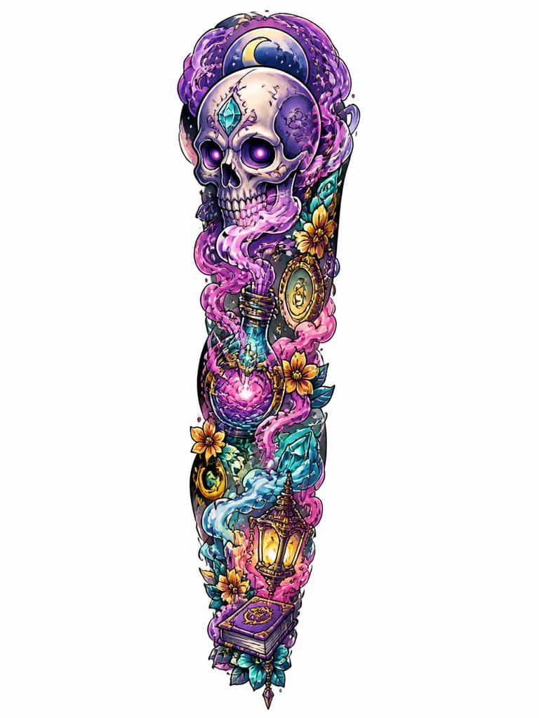Тату эскиз: Mystical stylized skull with magical purple haze transitioning to pink and light blue smoke clouds, pastel turquoise and yellow accents, ethereal magical atmosphere, full color vibrant palette, tattoo flash sheet illustration, white background, high contrast, clean lines