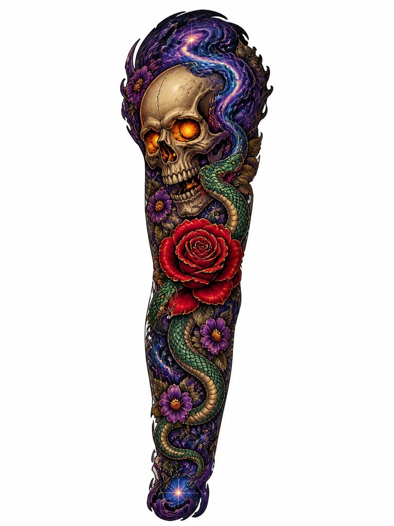 Тату эскиз: A full sleeve tattoo design, neo-traditional tattoo style, vivid saturation, bold outlines. The sleeve features a dynamic composition of a glowing skull, a large crimson rose, a winding green snake, and magical swirling cosmic smoke in deep blues and purples. Detailed color shading, dark and light contrast, realistic textures for bones and petals, intricate floral background. Masterpiece, 8k resolution, tattoo flash art style, isolated on a white background.