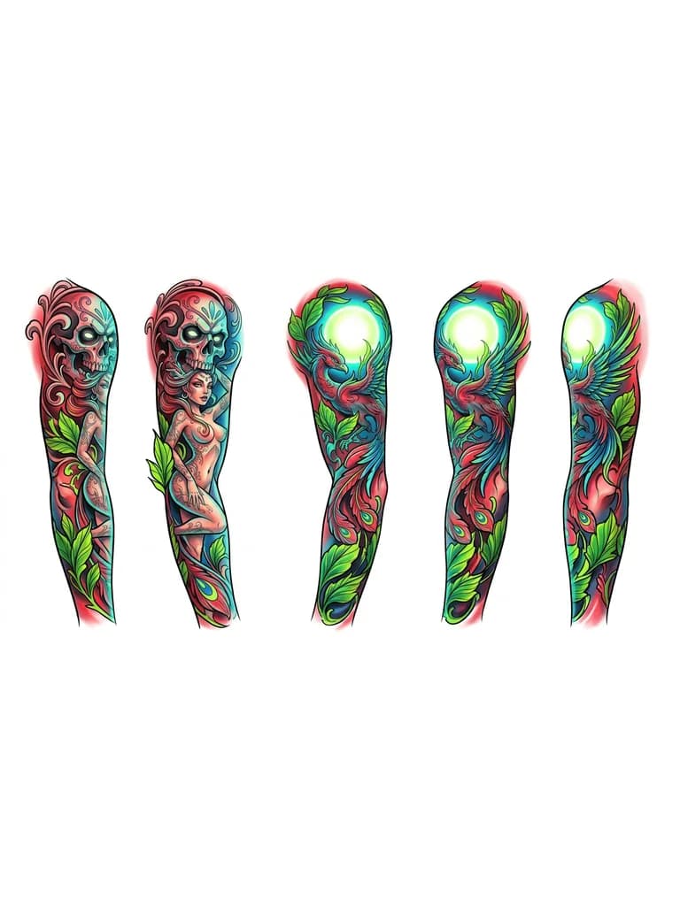 Тату эскиз: A magical full arm tattoo sleeve, surreal new school tattoo art. Mixed elements of a skull, a sexy woman figure, mythical creatures, green leaves, and a bright glowing moon. Intense red, blue, and neon green color palette. Smooth gradient shading, fluid motion, highly detailed, vivid liquid colors, 3D effect. Creative illustration, vibrant masterpiece, japanese influence mixed with dark fantasy, clear sharp details.