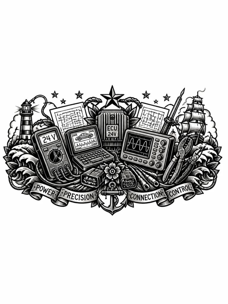 Тату эскиз: татуировка с мультиметром, компьютерной диагностикой, осциллографом ,схемами, проводами, паяльником, разъёмами и что-то в этом духе автоэлектрика. 24 V
Блоки управления, подключение проводов. Обжимка проводов и кусачки