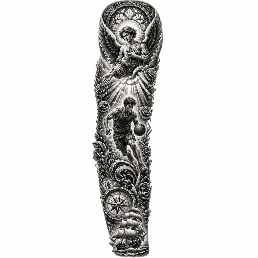 Тату эскиз: Эскиз татуировки полного рукава в стиле black & grey realism. От плеча до запястья плавная композиция: в верхней части — образ Иисуса с терновым венцом и мягким сиянием, ниже — Лионель Месси в игровой форме с мячом. Между ними плавный переход через облака, лучи света, розы и декоративные элементы. Высокая детализация, контрастные тени, композиция специально под татуировку без фона.
