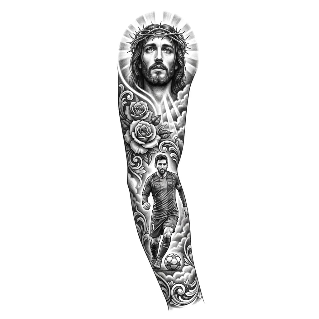Тату эскиз: Эскиз татуировки полного рукава в стиле black & grey realism. От плеча до запястья плавная композиция: в верхней части — образ Иисуса с терновым венцом и мягким сиянием, ниже — Лионель Месси в игровой форме с мячом. Между ними плавный переход через облака, лучи света, розы и декоративные элементы. Высокая детализация, контрастные тени, композиция специально под татуировку без фона.
