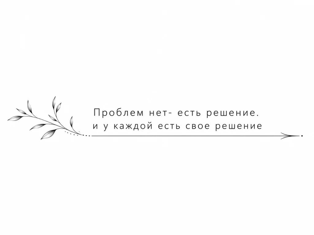 Тату эскиз: Надпись " Проблем нет- есть решение. и у каждой есть свое решение" в две строчки на левом предплечье от кисти и выше на русском языке с лаконичным шрифтом и тонкая стре6ла подчёркивающая фразу и идущая до самого мизинца