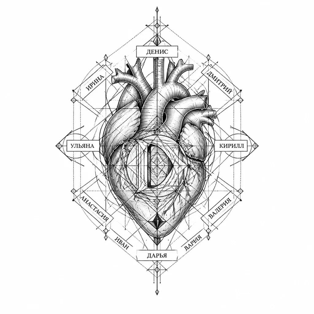 Тату эскиз: Я хочу буквицу в основе которой будет форма анатомического сердца с использованием имён: Денис, Ирина, Дмитрий, Ульяна, Кирилл, Анастасия, , Андрей, Иван, Валерия, Дарья.