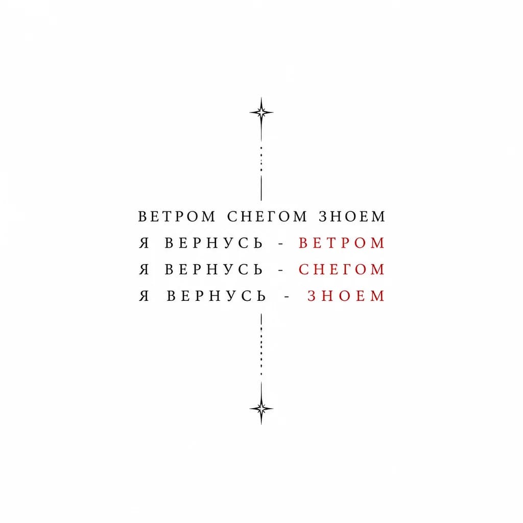 Тату эскиз: текст из песни хаски ветром снегом зноем
я вернусь - ветром
я вернусь - снегом
я вернусь - зноем
после тире текст красный
в виде тату текста